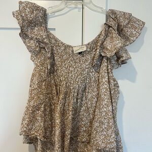 Floral Ruffle Sleeve Top in Brown